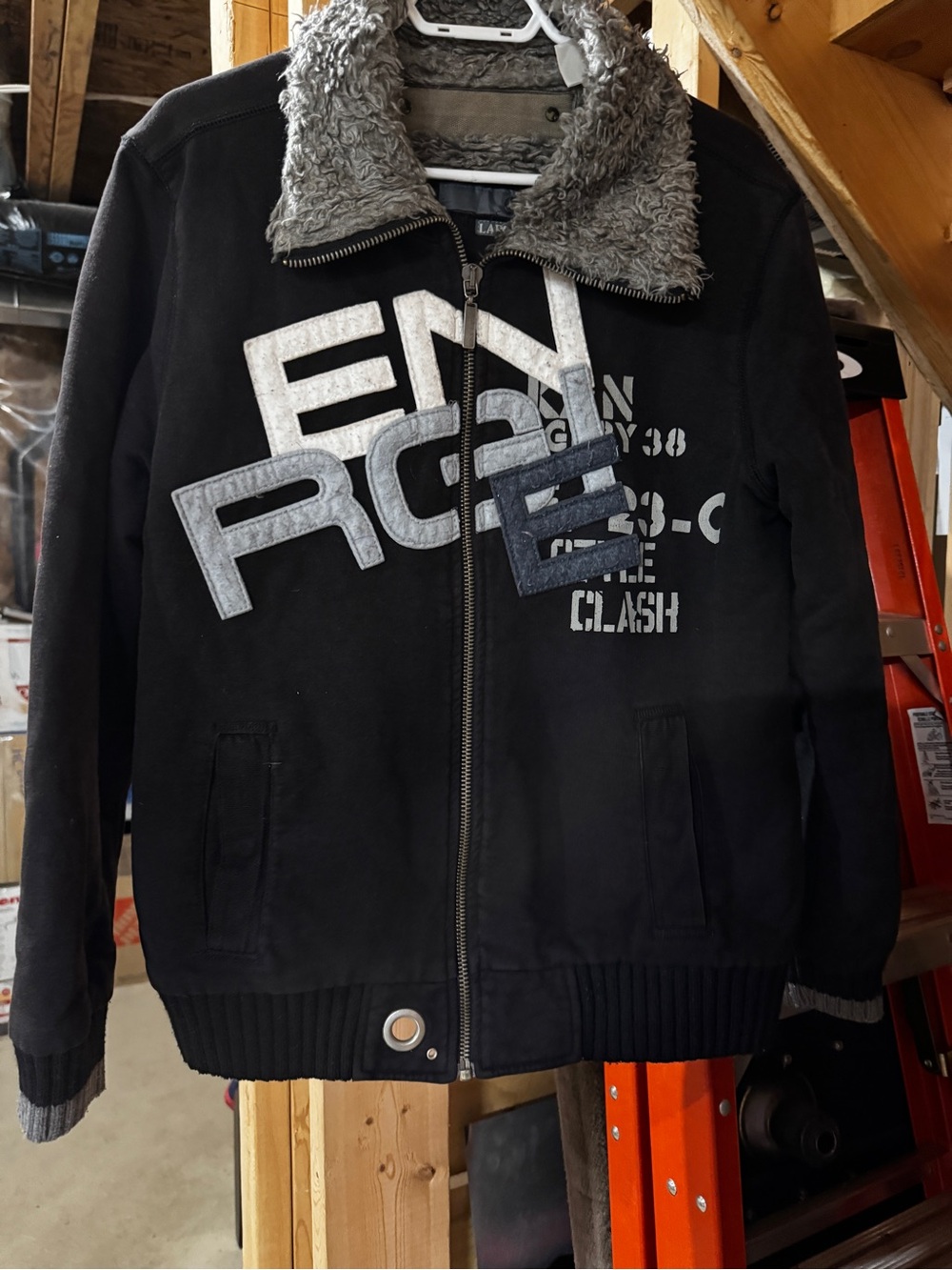 Men’s or kids Black Faux-Fur Collar Zip Jacket one of a kind size large